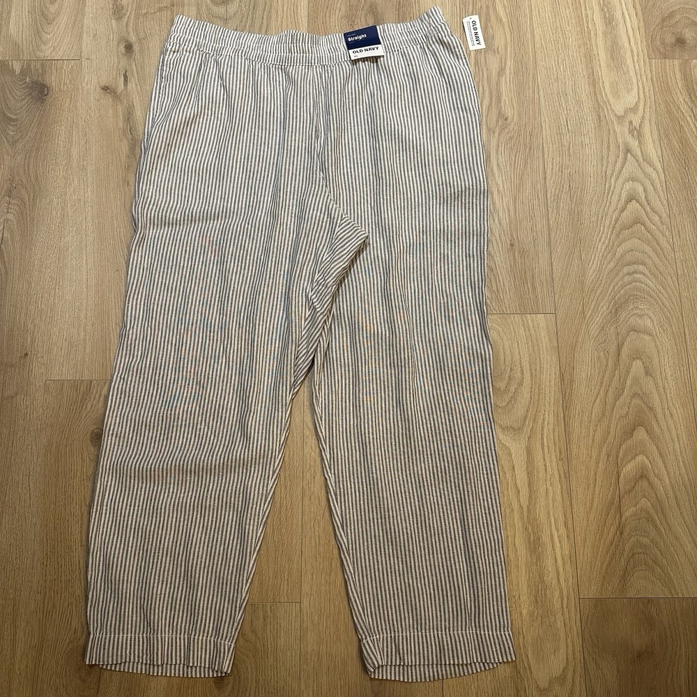 NWT Old Navy High-Waist Straight Linen Blend Pants Womens XL Gray Stripe Beach